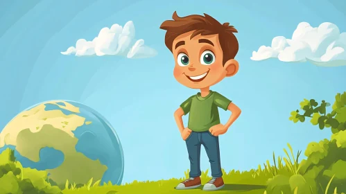 Happy Boy and Globe Cartoon Art