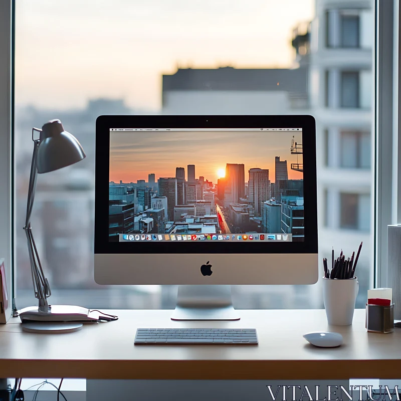 Cityscape Desktop Setup at Sunset AI Image