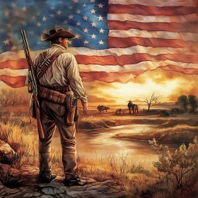 Cowboy and American Flag at Sunset