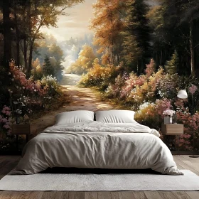Serene Forest Pathway Mural in Cozy Bedroom