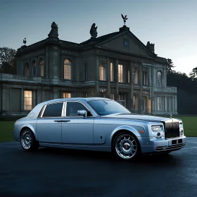 Classic Luxury Car with Illuminated Mansion Background