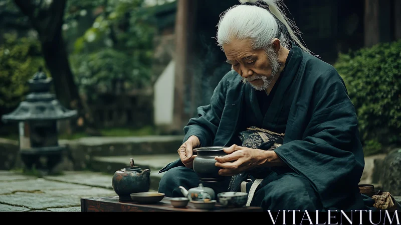 Elder Man Preparing Tea in Tranquil Garden AI Image