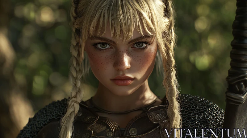 Braided Warrior Woman Intense Gaze AI Image