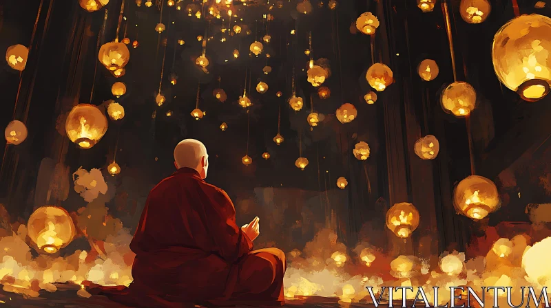 Meditative Monk Surrounded by Glowing Lanterns AI Image