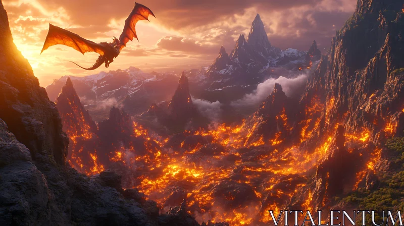 AI ART Dragon over Volcanic Peaks at Sunset