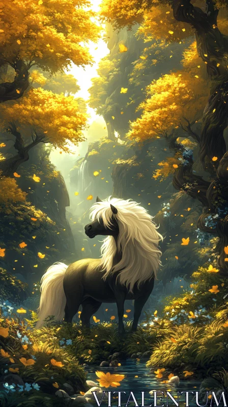 Majestic Horse in a Golden Forest Glade AI Image