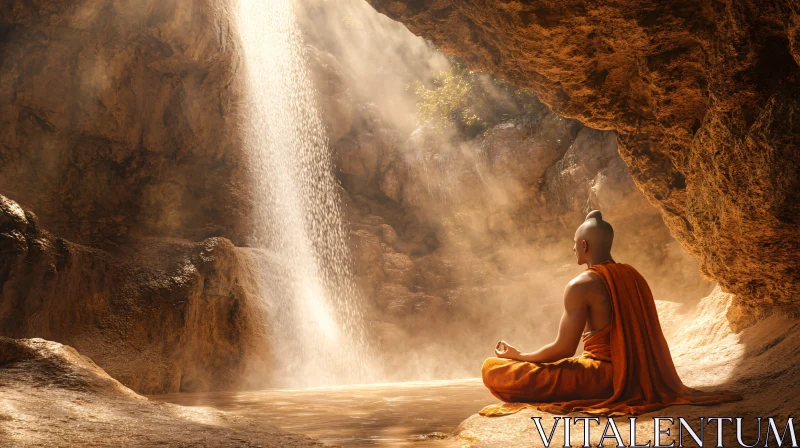 Peaceful Meditation at Waterfall Cave AI Image