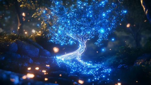 Mystical Tree with Blue Glowing Lights