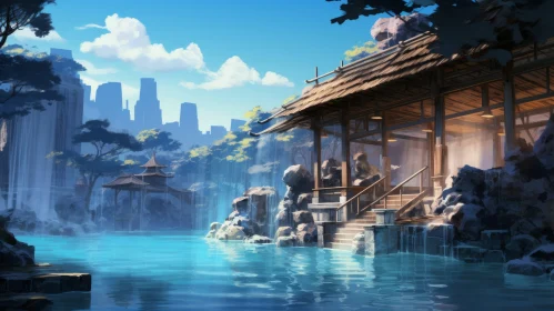 Anime Art - Serene Asian Village with Waterfall and Wooden Arch