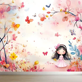 Whimsical Girl with Butterflies and Flowers