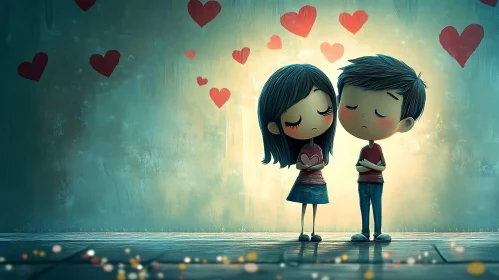 Sweet Cartoon Romance with Heart Symbols