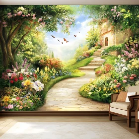 Serene Stone Path in a Blossoming Garden
