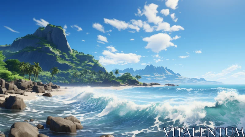Captivating Beach with Waves and Mountains in Unreal Engine Style AI Image