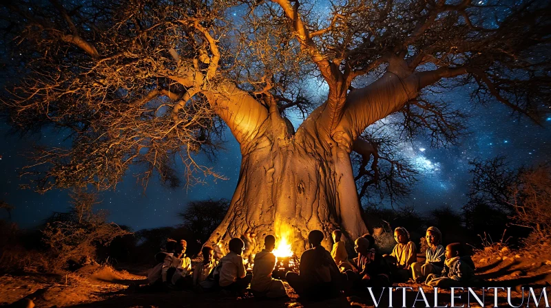 Night Gathering Under the Baobab Tree AI Image