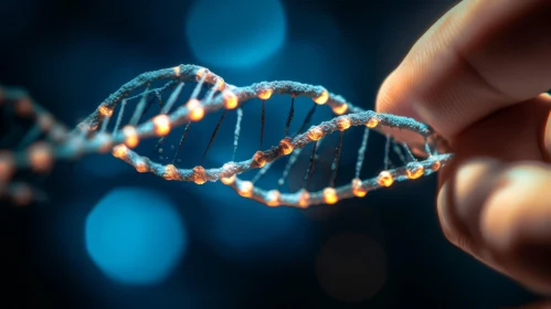 Delicate DNA Strand Held by Hand on Blue Background