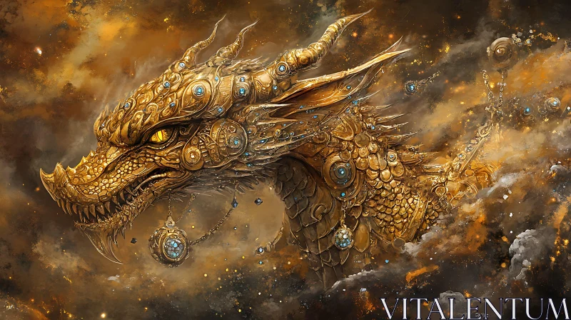 Ornate Golden Dragon Head in Clouds AI Image