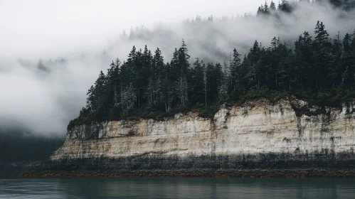 Serene Coastal Cliff with Mist and Trees