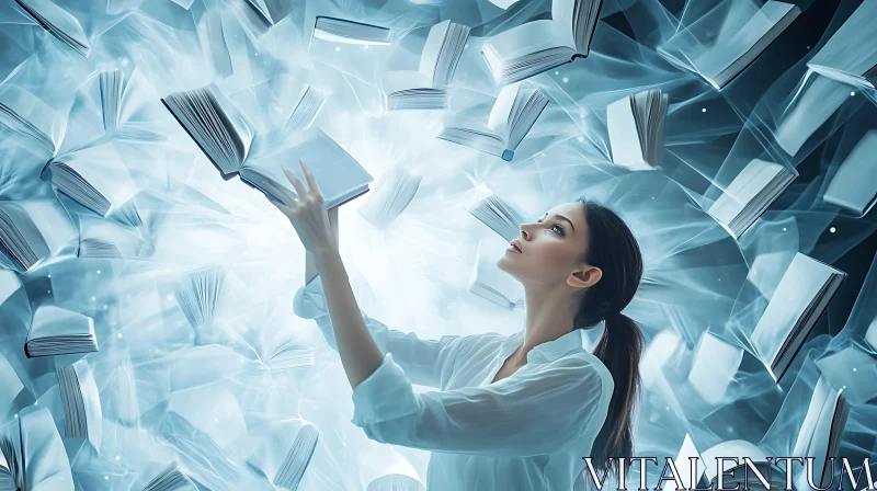 Ethereal Knowledge: A Woman and Her Books AI Image