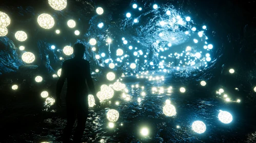 Ethereal Cave with Figure and Lights