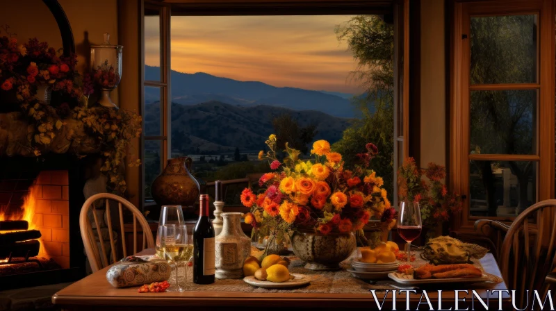 Golden Hour Outdoor Table Setting Amidst Majestic Mountains AI Image