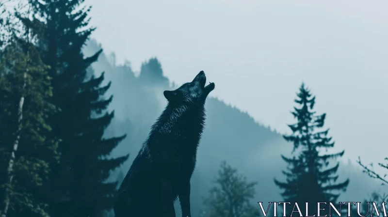 Misty Mountains: A Captivating Landscape Photo of a Howling Wolf AI Image