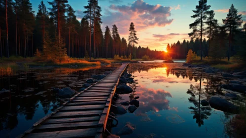 Scenic Forest Sunset: Wooden Boardwalk Over Lake