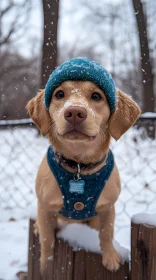 Puppy in Blue Hat with Snowflakes