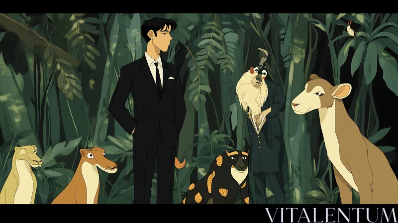 Animated Jungle Scene with Well-Dressed Man AI Image