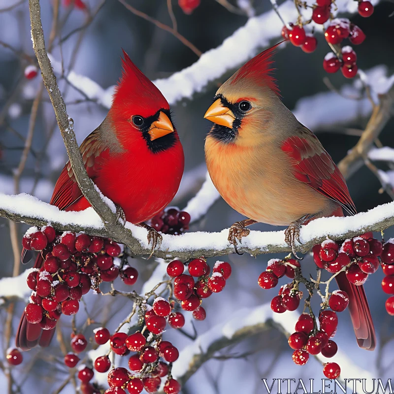 Pair of Cardinals in Winter Scene AI Image