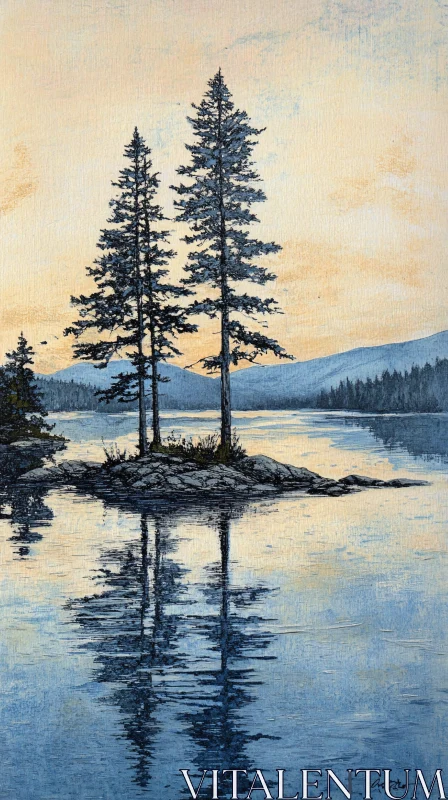 AI ART Calm Lake with Reflective Pine Trees at Dusk