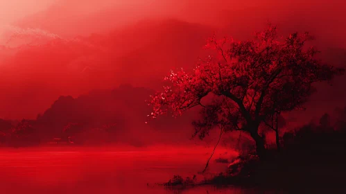 Red Landscape with Tree and Water