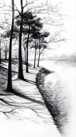 Pencil Drawing of Trees Along a Riverbank