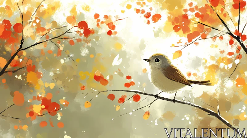 Autumn Leaves and Perched Bird AI Image