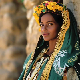 Woman in Green Dress with Floral Crown