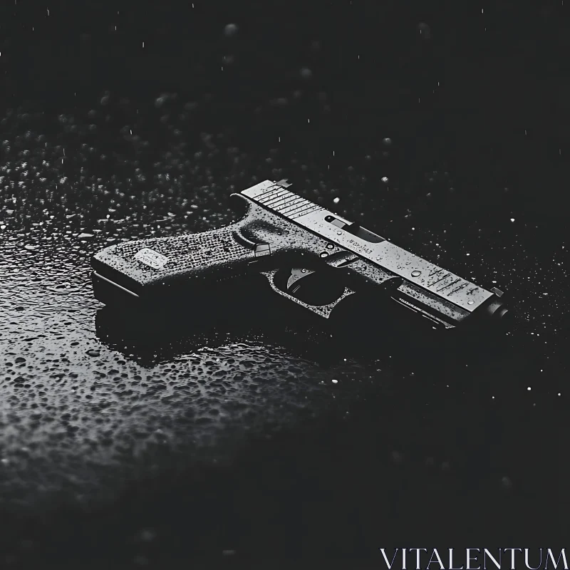 Wet Handgun on Dark Surface AI Image