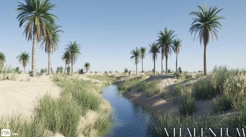 AI ART Serene Desert Oasis with Palm Trees