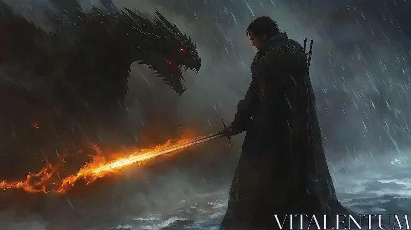 AI ART Fiery Sword Against Dragon in the Storm