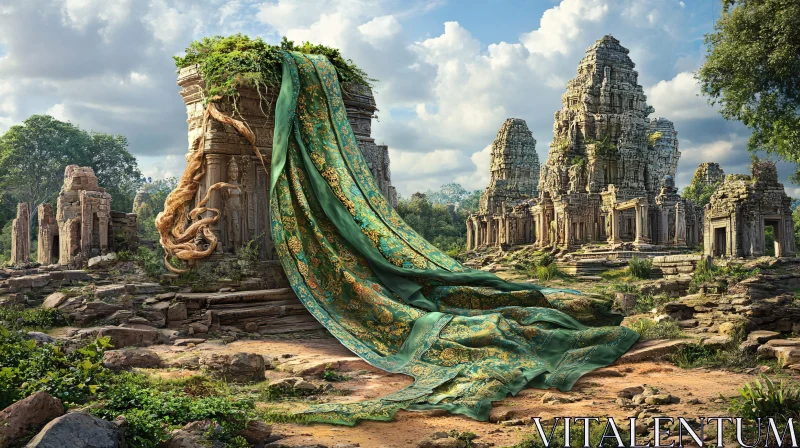 Ancient Temple Ruins with Green Fabric AI Image