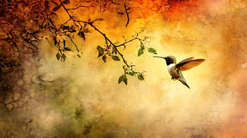 Bird in Flight with Floral Branch