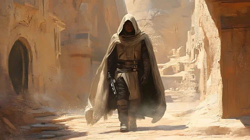 Hooded Figure in Desert Town