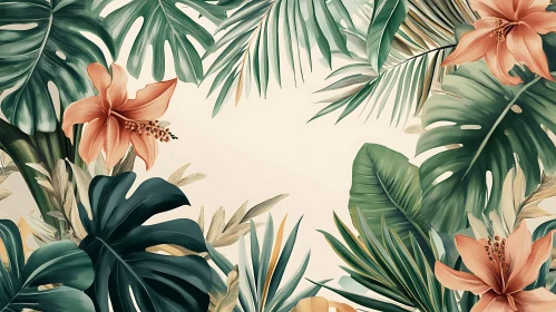 Lush Green Tropical Foliage with Orange Blossoms