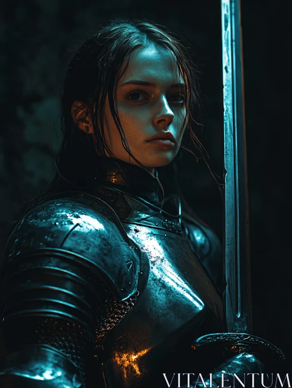 Female Warrior Holding Sword Portrait AI Image