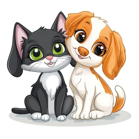 Cute Cartoon Illustration of Cat and Dog