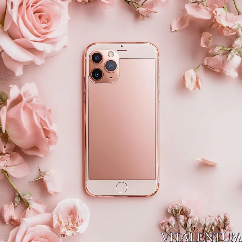 Stylish Rose Gold Smartphone with Flower Arrangement AI Image