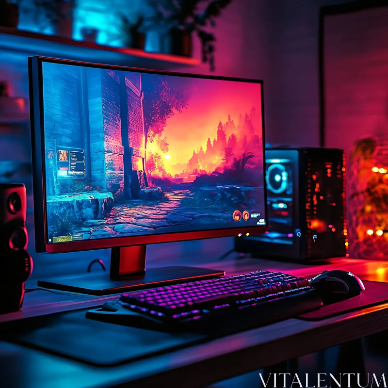 Cool Gaming Environment with Modern Desk and RGB Keyboard AI Image