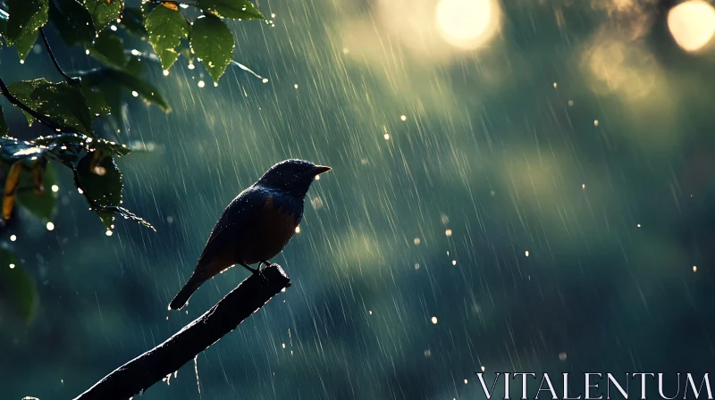 Rainy Day Bird Perch AI Image