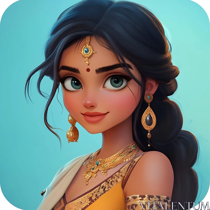 Cartoon Style Woman with Golden Adornments AI Image