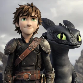 Cartoon Boy with Dragon Companion