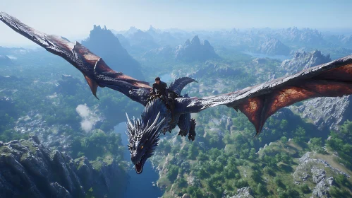 Majestic Dragon and Rider Soaring Above Landscape