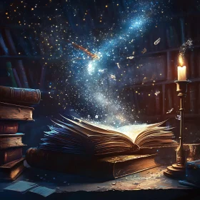 Mystical Book with Stars and Candle